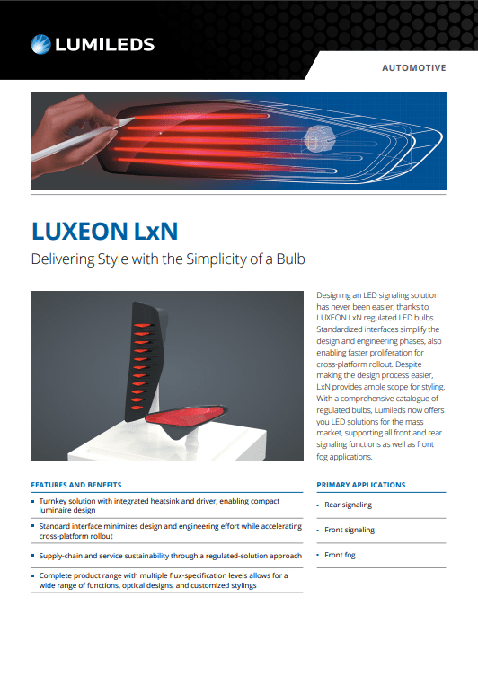 LUXEON LxN LED product leaflet showcasing features, specifications, and applications in a colorful layout.