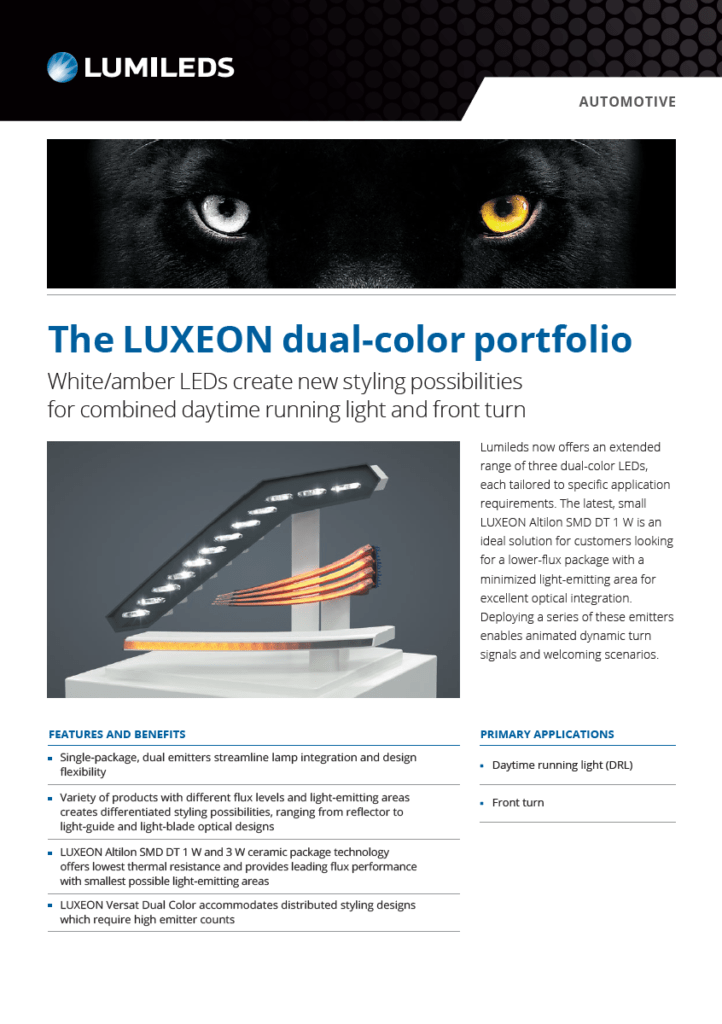 Dual-color LED lighting showcasing vibrant colors and versatility in a sleek design, highlighting Lumileds' innovative technology.