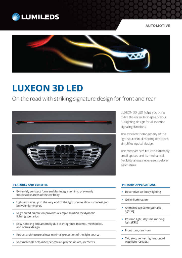 A 3D rendering of a Lumileds LED light illuminating a road, showcasing its brightness and design in a nighttime setting.