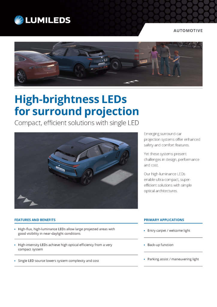 A car with surround projection lighting displays vibrant colors on the road, showcasing Lumileds' innovative technology.