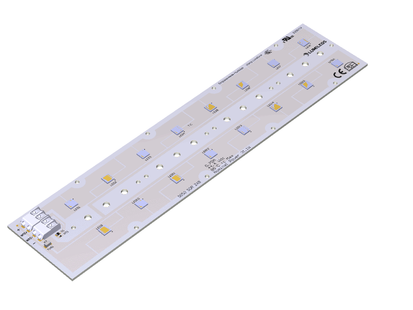 3D rendering of LUXEON 5050 SQR LED array, showcasing a square configuration with 16 LEDs in a 2x8 layout.