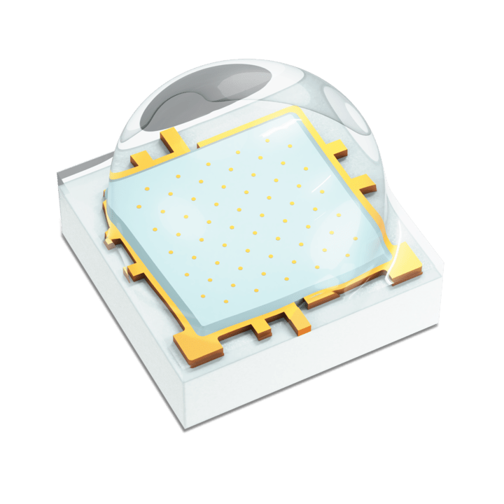 A blue LED light source with a sleek design, showcasing its angled view and luminous glow against a dark background.