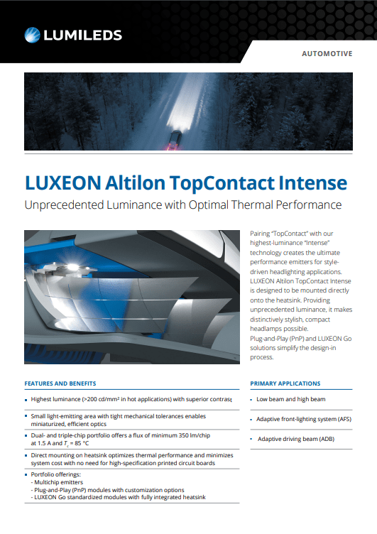 LUXEON Altilon TopContact Intense product leaflet showcasing LED technology and features, with a modern design.