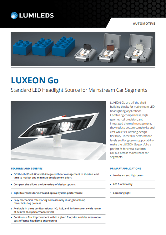 LUXEON Go product leaflet showcasing vibrant LED lighting solutions with colorful graphics and clear text.