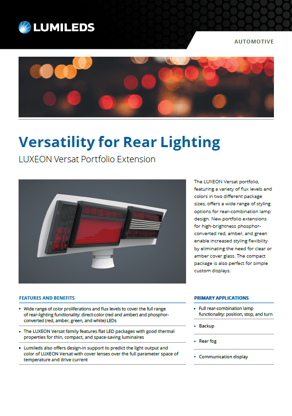 LUXEON Versat LED product leaflet showcasing features and applications with vibrant graphics and text.
