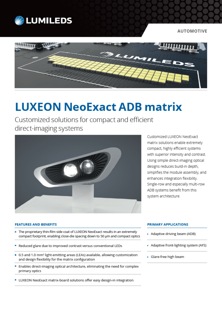 Diagram of LUXEON NeoExact Matrix showcasing LED configurations and light performance features.