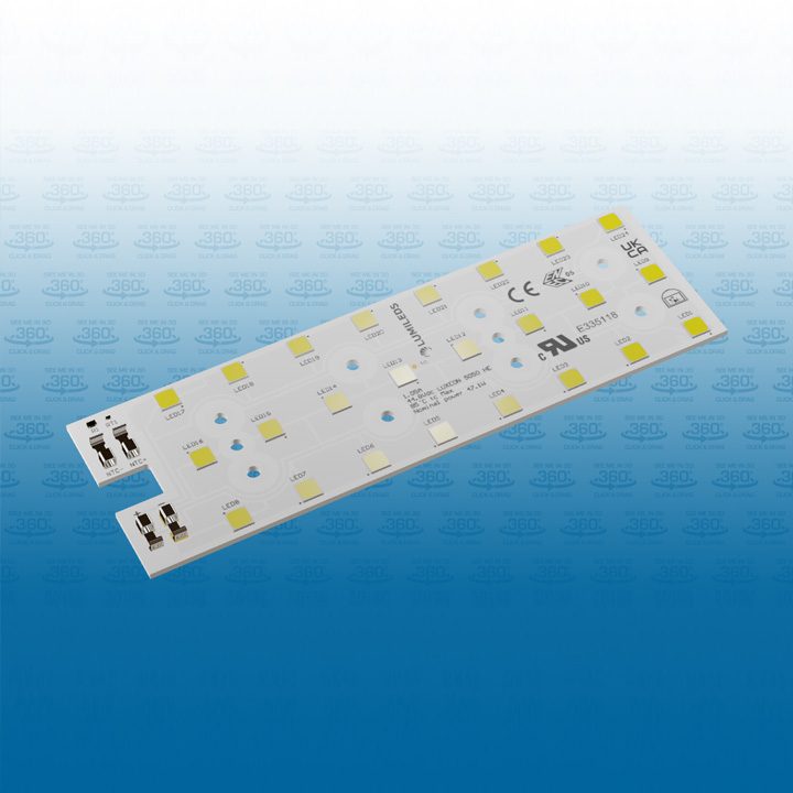 A close-up of a white LED light source with a square shape, showcasing its intricate design and connections.