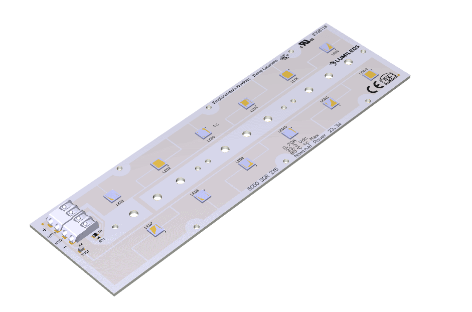 3D rendering of a Zhaga-compatible LED module, showcasing its square design and connection points for easy integration.