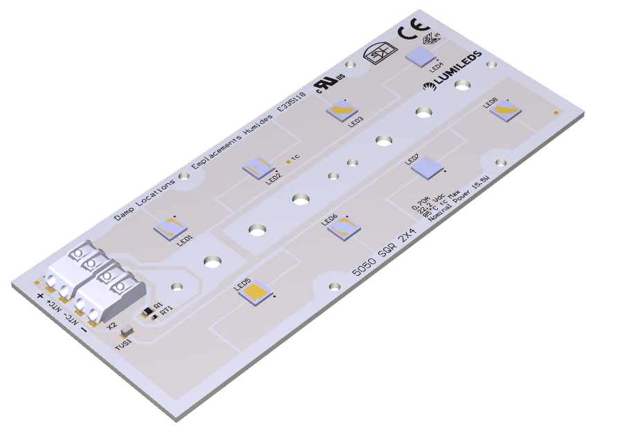 3D rendering of a Zhaga-compliant 5050 LED module, showcasing its square design and multiple light sources.