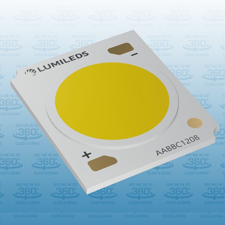 Close-up of a circular LED chip, showcasing its intricate design and multiple light-emitting areas on a white background.