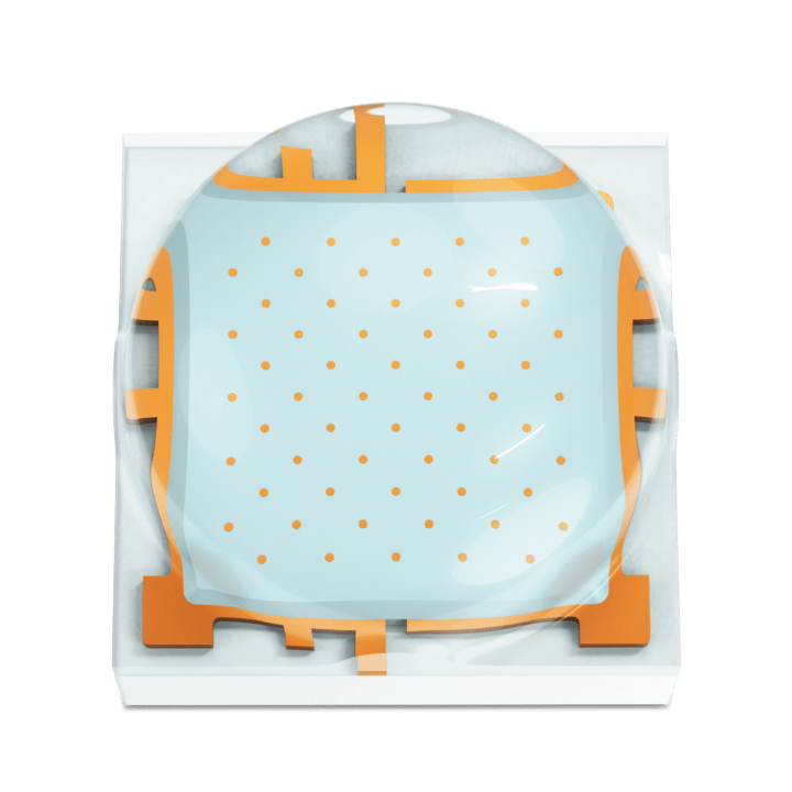 Blue LED light source with a square chip design, showcasing its compact size and luminous intensity for lighting applications.