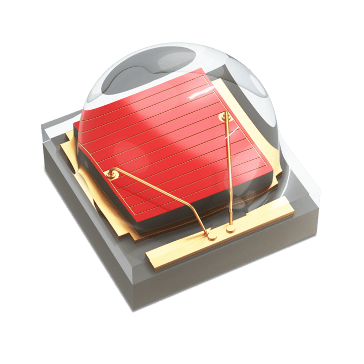 Red LED light source from LUXEON C ES series, shown at an angle, highlighting its compact design and vibrant color.