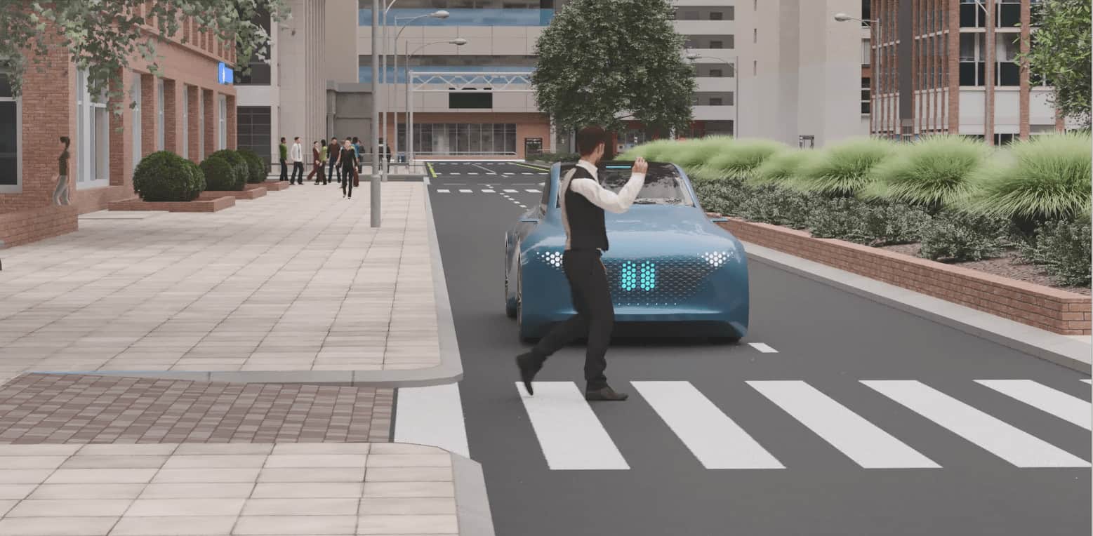 Autonomous car with advanced lighting technology driving on a futuristic road.