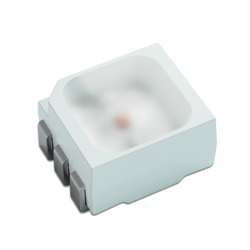 Image of a 3528 RGB LED chip showcasing its compact design and three side-view angles, highlighting its color versatility.