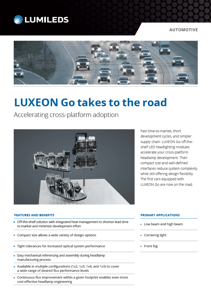 Image of a Lumileds LUXEON Go product leaflet showcasing LED lighting solutions with vibrant colors and product highlights.