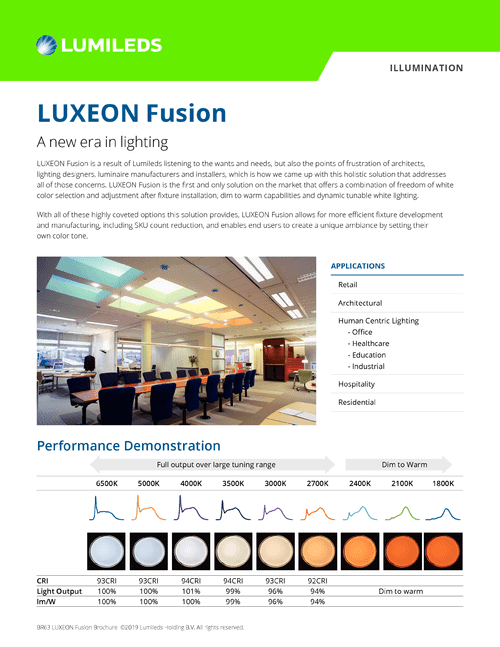 Brochure cover showcasing LUXEON Fusion LED technology with vibrant colors and product highlights.