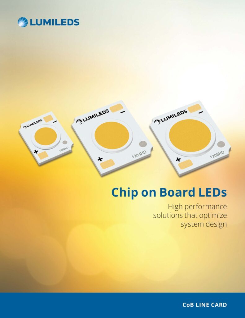 Image of a LUXEON COB LED brochure showcasing product features, specifications, and applications in a colorful layout.