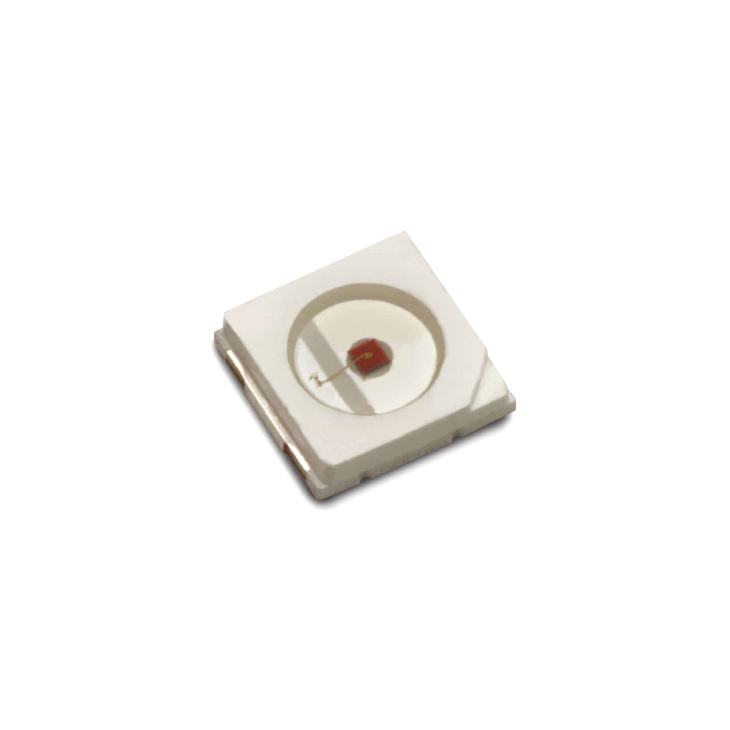 LUXEON 3535L red LED chip viewed at an angle, showcasing its compact design and vibrant color.