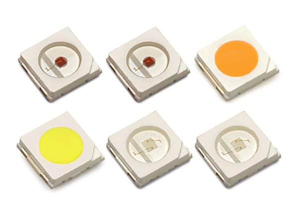 Six Luxeon 3535L color LEDs in various vibrant colors arranged in a grid layout on a white background.