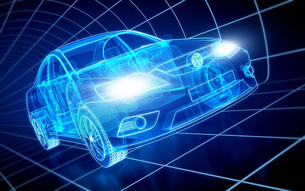 A graphic illustrating connected driving technology with cars, data networks, and smart city elements.