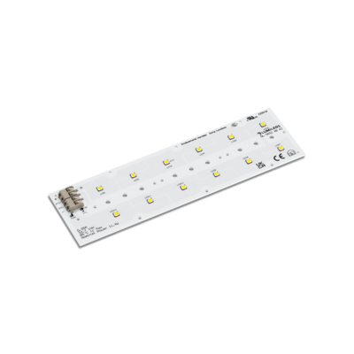 LED light bulb with a sleek design, angled view showcasing its modern shape and bright illumination.