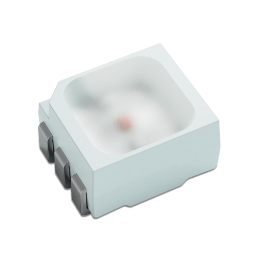 Image of a 3528 RGB LED chip showcasing its compact design and three side-view angles, highlighting its color versatility.